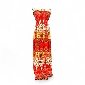 Red and Orange Strapless Maxi Dress